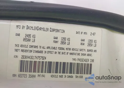 2007 Dodge Charger из США, поврежденный, VIN 2B3KA43G17H757924